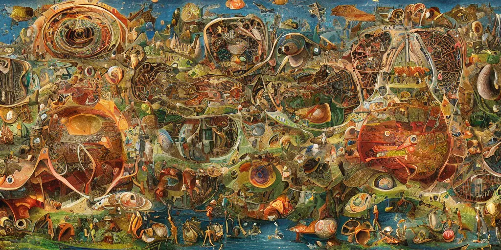 Prompt: biological valve body megastructure in the style of heironymus bosch, intricate colorful masterpiece, hyper detailed, hd