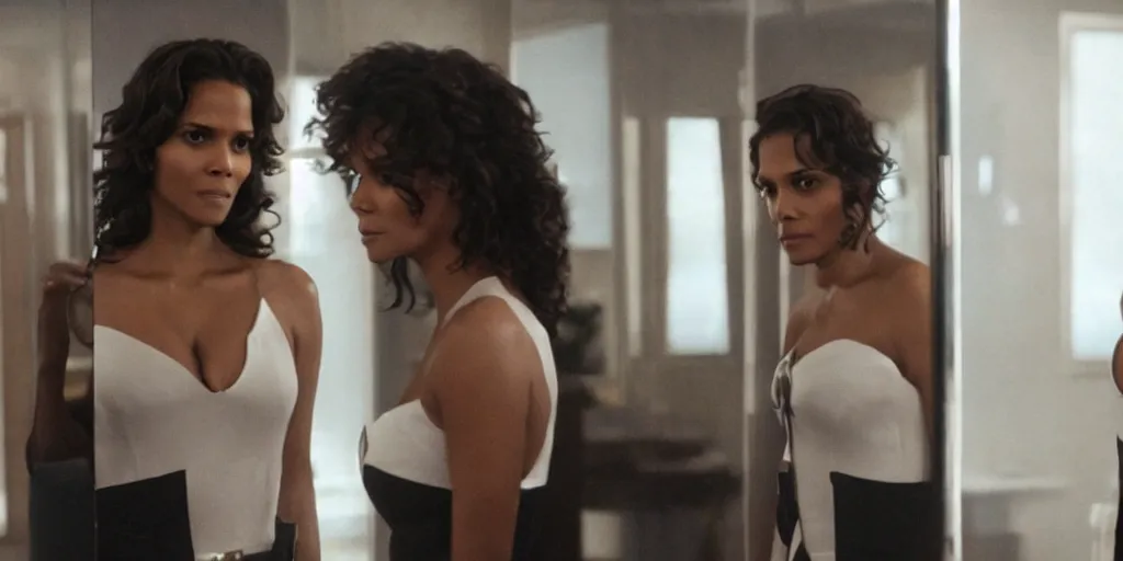 Image similar to ultra wide angle photo of halle berry dressed in a white blouse and black dress pants as diana prince looking at herself in a bathroom mirror and seeing her reflection as wonder woman