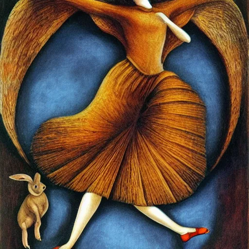 Prompt: detailed surrealistic woman flying midair with rabbit in hands in the style of remedios varo