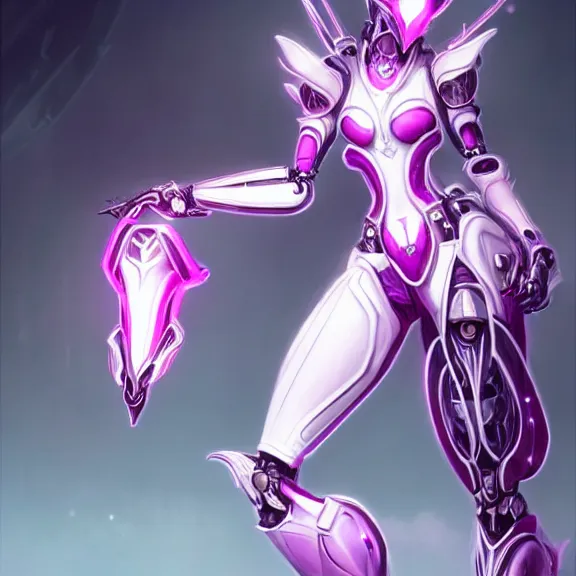 Image similar to highly detailed exquisite fanart, of a beautiful female warframe, but as an anthropomorphic elegant robot female dragoness, glowing eyes shiny, and smooth off-white plated armor, bright Fuchsia skin beneath the armor, sharp claws, long sleek tail behind, robot dragon hands and feet, standing elegant pose, close-up shot, full body shot, epic cinematic shot, professional digital art, high end digital art, singular, realistic, DeviantArt, artstation, Furaffinity, 8k HD render, epic lighting, depth of field