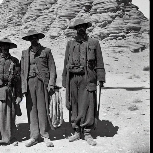 Image similar to ultra detailed photorealistic sepia - toned photo from 1 9 1 7, three clean - shaven british soldiers standing with two bedouin traders in traditional arab garb, at an archaeological dig site in wadi rum, ultra realistic, painted, intricate details, lovecraft, atmospheric, dark, horror, brooding, highly detailed, by clyde caldwell