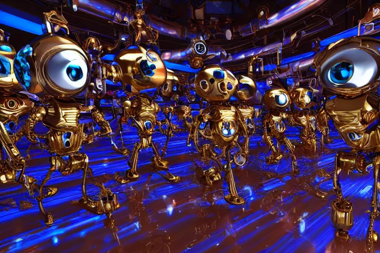 Image similar to a queue of 7 golden and blue metal humanoid steampunk robots dancing inside a television studio from americas got talent, robots are wearing and gears and tubes, eyes are glowing red lightbulbs, shiny crisp finish, 3 d render, 8 k, insaneley detailed, fluorescent colors, nightlight