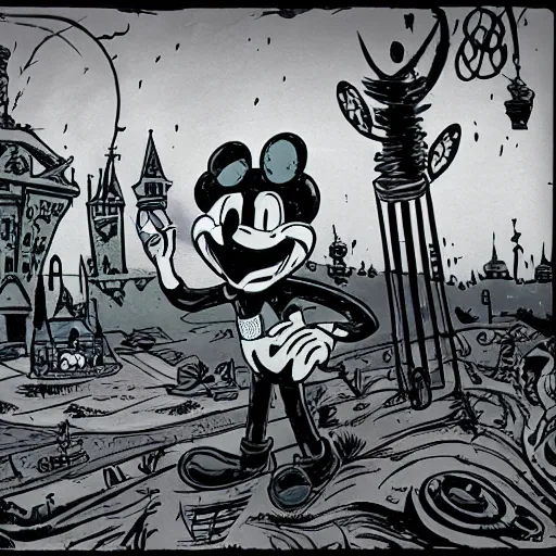 Image similar to post - apocalyptic magic kingdom, rubberhose animation, walt disney world, vintage cartoon, felix the cat,