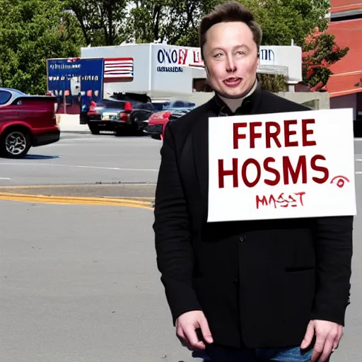 Image similar to Elon Musk holding a sign saying Free Hotdogs, highly detailed, high quality, HD, 4k, 8k, Canon 300mm, professional photographer, 40mp, lifelike, top-rated, award winning, realistic, sharp, no blur, edited, corrected, trending