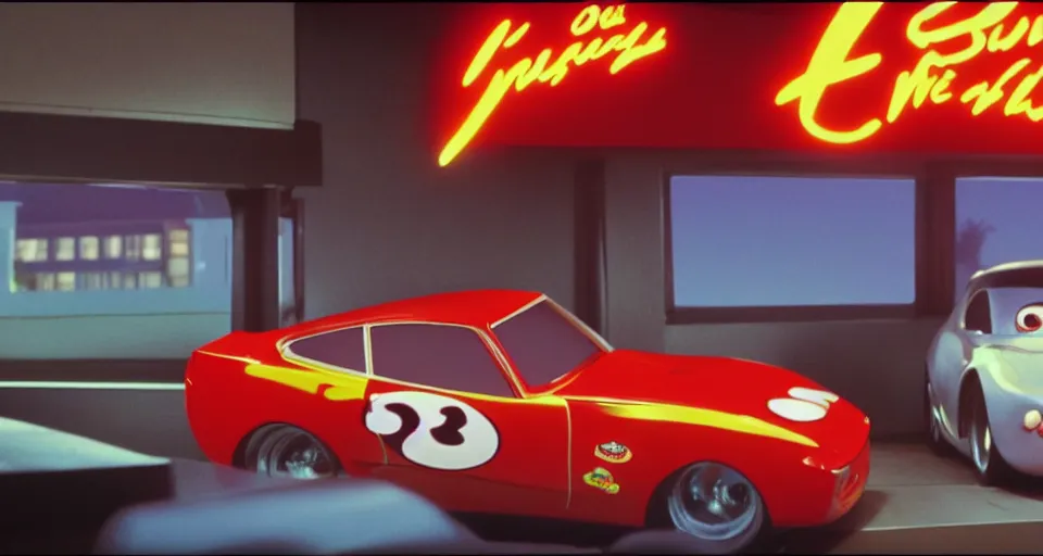 Image similar to a film still of Lightning McQueen in Pulp Fiction, anamorphic, cinematography,