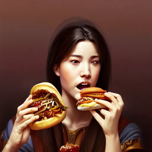 Image similar to portrait of a gengis khan eating a hamburger, extra onions and ketchup, luscious patty with sesame seeds, masculine, handsome, D&D, fantasy, intricate, elegant, highly detailed, digital painting, artstation, concept art, matte, sharp focus, illustration, art by Artgerm and Greg Rutkowski and Alphonse Mucha