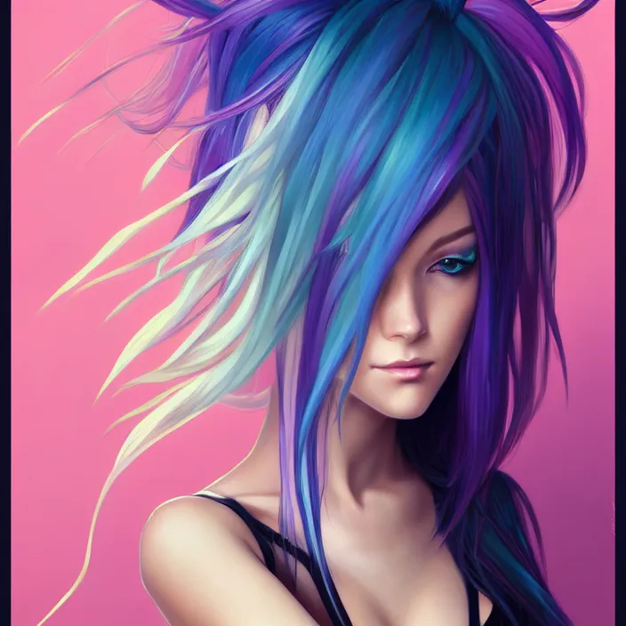 Image similar to full body portrait, a beautiful symmetrical gorgeous anime girl, rainbow hair, attractive, casual, modern, victoria's secret, highly detailed, digital painting, artstation, concept art, smooth, sharp focus, illustration, art by artgerm, greg rutkowski and alphonse mucha, 8 k,