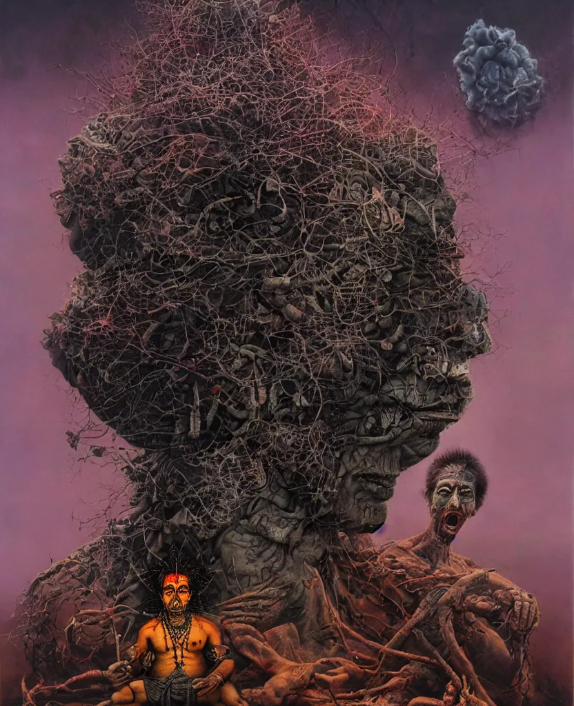 Image similar to One Shiva. Against the backdrop of a nuclear explosion. Dark colors, high detail, hyperrealism, horror art, masterpiece, close-up, zoom, body-horror, ceremonial portrait, representative portrait, solo, macrophoto, art by Greg Broadmore, Esao Andrews, Beksinski