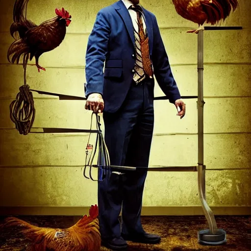 Image similar to saul goodman and a rooster in a saw movie torture chamber, jigsaw, saul goodman, rooster, photo