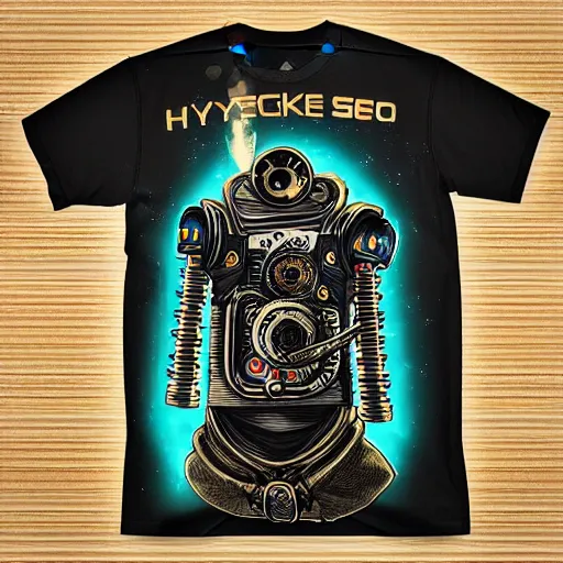 Prompt: mockup of a black tshirt with a hyperdetailed portrait of a spaced out steam punk robot, 8 k, symetrical, flourescent colors, multicolored,