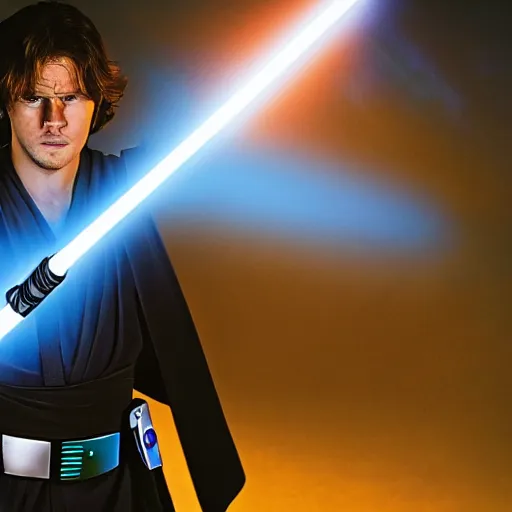 Image similar to jedi holding a blue light saber, arms wide apart, shouting at the camera
