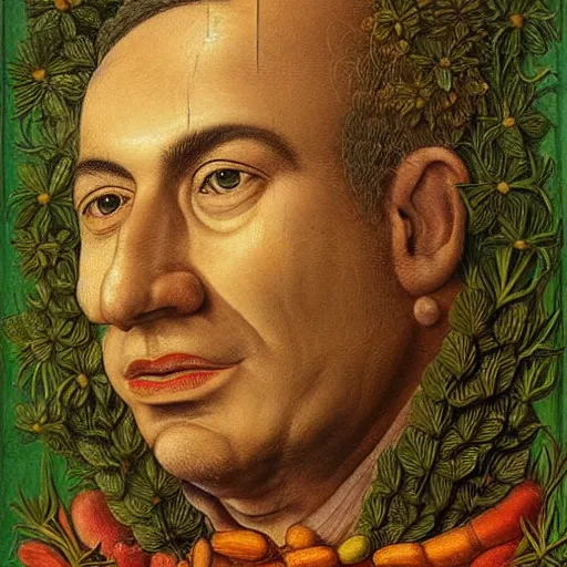 Image similar to portrait of benjamin netanyahu made of fruits vegetables and flowers, by giuseppe arcimboldo