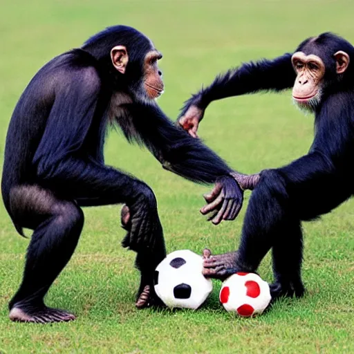 Prompt: two chimpanzees play soccer in a field