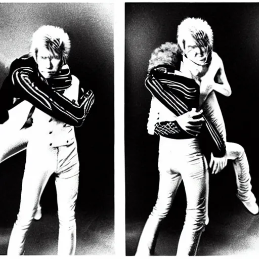 Image similar to david bowie from changes giving a piggy back ride to ziggy stardust. glam rock. by andy warhol