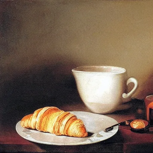 Prompt: a macbook on the table, a cup of coffee next to it and a croissant. still life painting by rembrandt