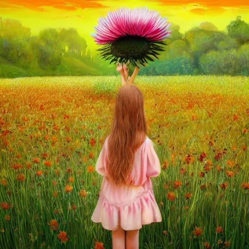 Prompt: giant daisy flower head, portrait of girl in flower field, holding daisy, surreal photography, sunrise, impressionist painting, colorful clouds, digital painting, artstation, simon stalenhag, flower face