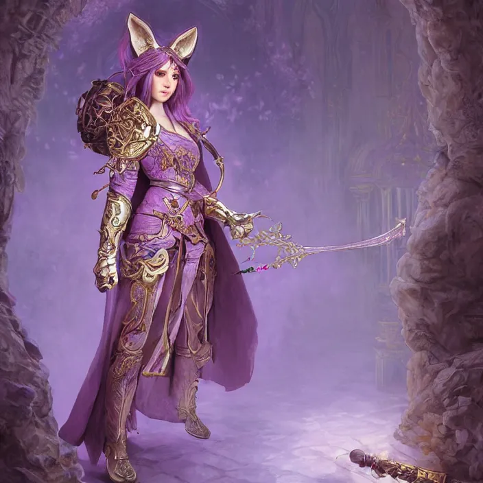 Image similar to d & d bard with her lilac leather armor in a temple, volumetric lighting, fantasy, intricate, elegant, highly detailed, lifelike, photorealistic, digital painting, artstation, fox ears, illustration, concept art, sharp focus, by john collier and albert aublet and krenz cushart and artem demura and alphonse mucha