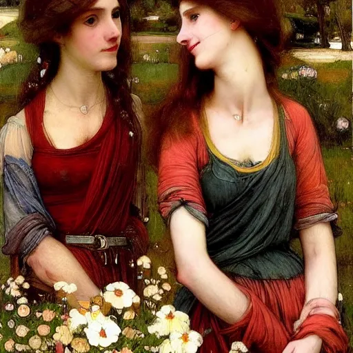 Prompt: two very very very beautiful women standing in front of a truck, smiling, flirty, perfect face, perfect body, digital art by john william waterhouse