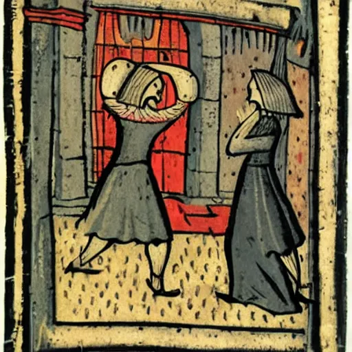 Prompt: a medieval book illustration of a woman and a rabbit dancing at a party