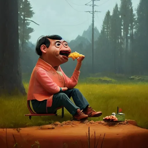 Prompt: A stunning portrait of Mr Bean eating geant vegetable, by Simon Stalenhag, Trending on Artstation, 8K