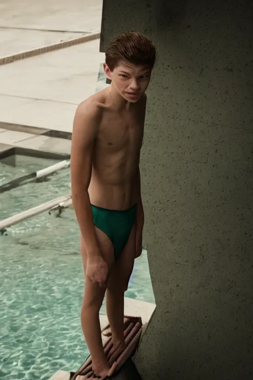 Image similar to close up still shot of jacob lofland standing on the diving board, summer olympics footage, 3 5 mm, highly detailed, color photo, dynamic lighting, subject centered in photo, octane render