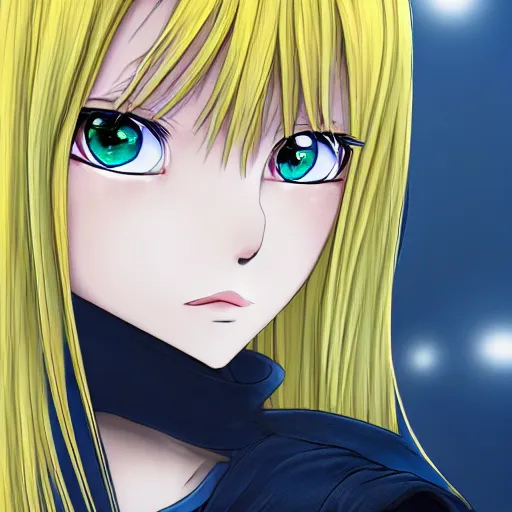 Image similar to yellow hair anime cat girl with blue eyes, extreme detail, 8K