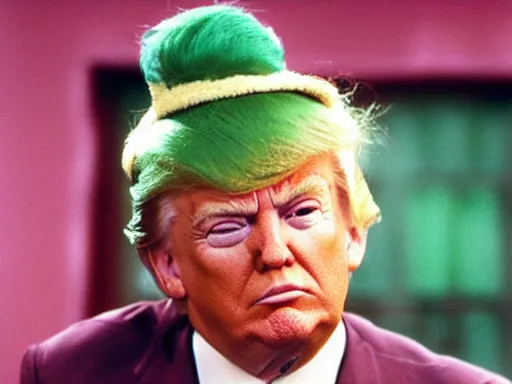 Prompt: donald trump as an oompa loompa with green hair, still from film chocolate factory 1 9 7 1