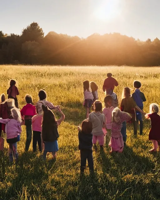 Prompt: hundreds of young children standing outside in a grassy field holding hands. in the sky, above them, a gigantic football field sized silver chalice shaped spaceship hovers, golden hour, mysterious, ethereal, cinematic