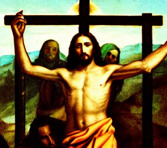 Prompt: color film still of jesus christ taking a selfie at his own crucifixion