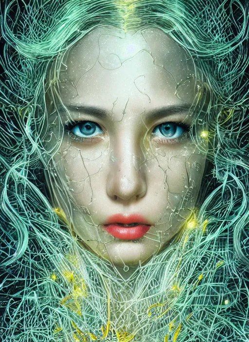 Prompt: glowing silver and golden elements, full close-up portrait, female model, dark witch, book cover, green forest, white moon, red lips, establishing shot, extremly high detail, photo-realistic, cinematic lighting, pen and ink, intricate line drawings, by Yoshitaka Amano, Ruan Jia, Kentaro Miura, Artgerm, post processed, concept art, artstation, matte painting, style by eddie, raphael lacoste, alex ross