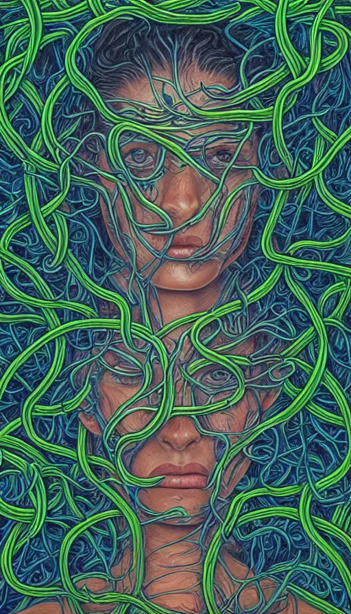 Prompt: very detailed portrait of a 2 0 years old girl surrounded by tentacles, the youg woman visage is blooming from fractal and vines, by alex grey,