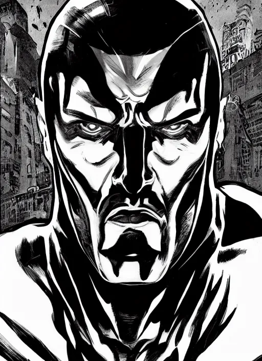 Image similar to portrait, comic villain, black and white comic panel, cover Art, inking, Dynamic lighting, cinematic, establishing shot, extremely high detail, photo realistic, cinematic lighting, pen and ink, intricate line drawings, post processed, concept art, artstation, matte painting, midjourney, style by alex ross, neal adam