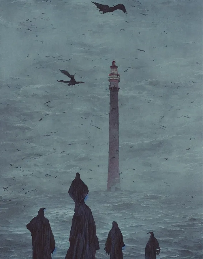 Prompt: worshippers in robes belonging to the cult of the lighthouse standing in waves with ravens flying overhead, a lighthouse, ravens, high detailed beksinski painting, part by adrian ghenie and gerhard richter. art by takato yamamoto and gerald scarfe. masterpiece, dark and moody, deep colours, blue