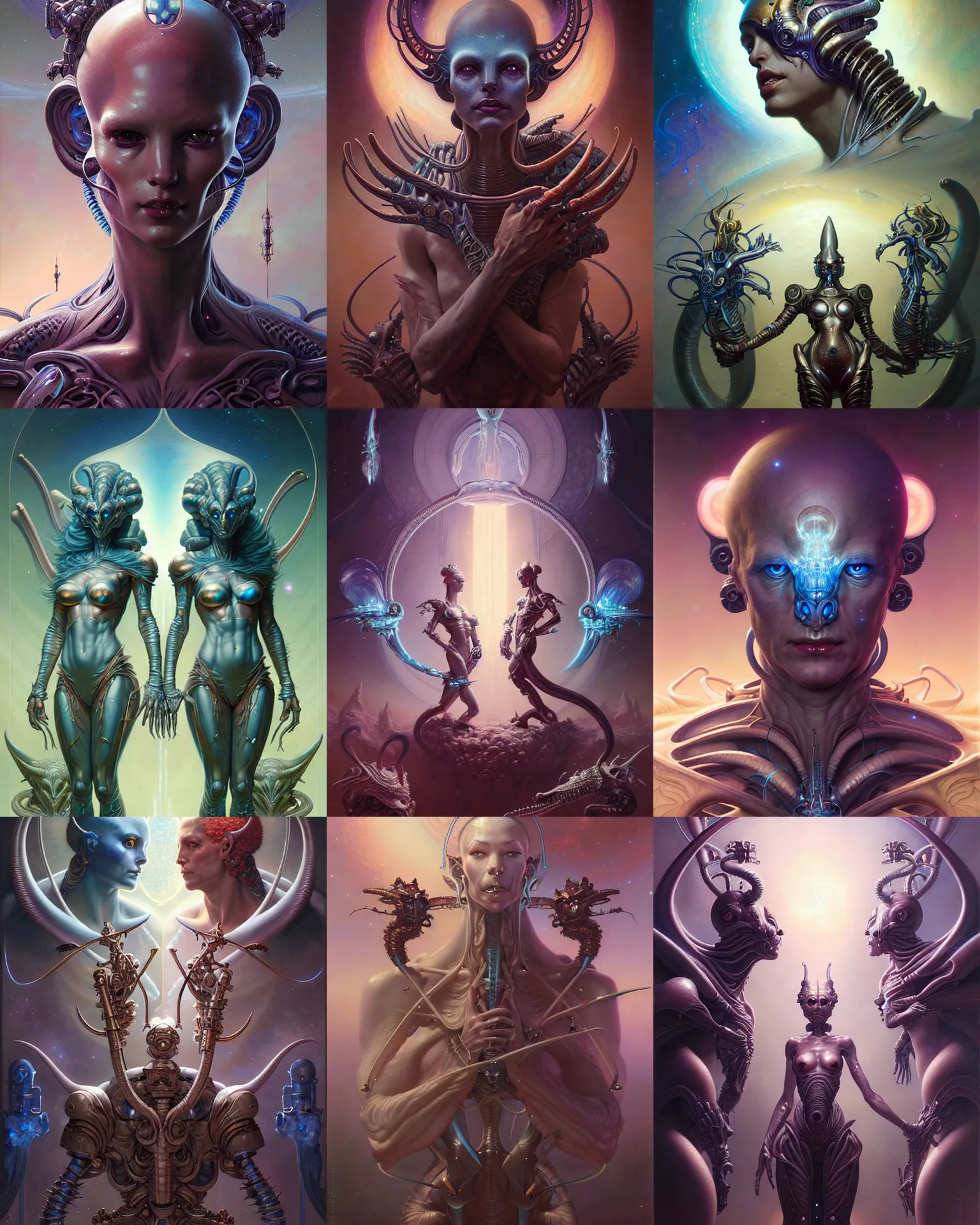 Image similar to beautiful gemini fantasy character portrait, ultra realistic, wide angle, intricate details, alien artifacts, highly detailed by peter mohrbacher, hajime sorayama, wayne barlowe, boris vallejo, aaron horkey, gaston bussiere, craig mullins