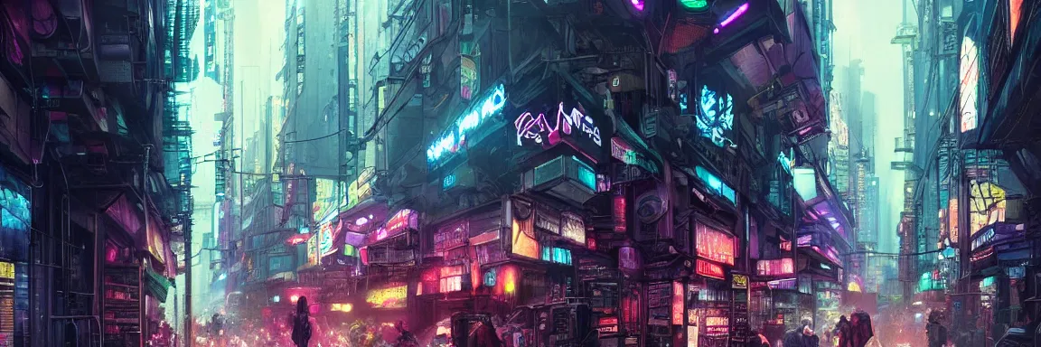 Image similar to overly crowded street of a cyberpunk city, rain, harsh neon lights, highly detailed, digital painting, trending on artstation, concept art, sharp focus, illustration, art by artgerm and greg rutkowski and magali villeneuve