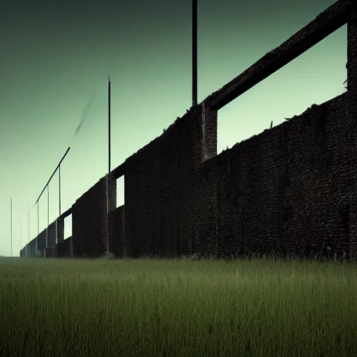 Image similar to an endless very tall wall, in a field, birds, dystopian, grim, dark, full frame camera, 1 9 9 0 s, award - winning photograph, octane render, 4 k