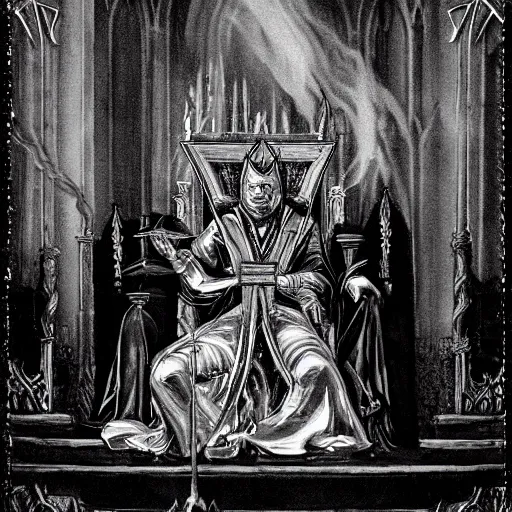 Image similar to an ultra detailed black and white tarot card of the evil patriarch with pitch black eyes wearing his royal robes and sitting imperiously on his throne high in the cathedral, concept art, incense smoke drifting through the air, portrait, artstation, volumetric lighting, exquisite detail, octane render, 8 k postprocessing, art by john collier and albert aublet