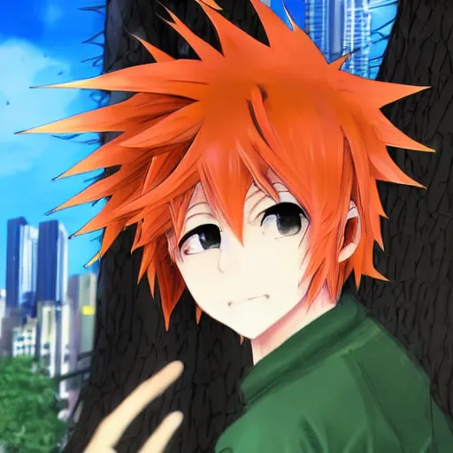 Image similar to orange - haired anime boy, 1 7 - year - old anime boy with wild spiky hair, wearing red jacket, standing under treehouse in city plaza, urban plaza, treehouse hotel, large tree, ultra - realistic, sharp details, subsurface scattering, blue sunshine, intricate details, hd anime, 2 0 1 9 anime