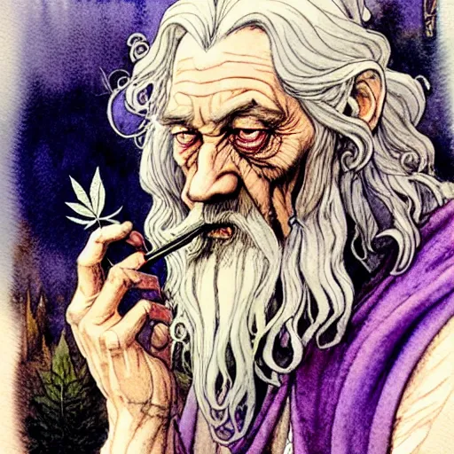 Image similar to a realistic and atmospheric watercolour fantasy character concept art portrait of gandalf with bloodshot eyes looking confused and smoking weed out of his pipe with a pot leaf nearby, by rebecca guay, michael kaluta, charles vess and jean moebius giraud