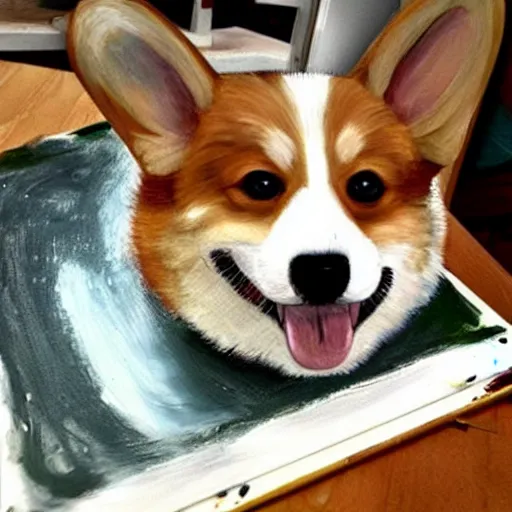 Image similar to corgi playing painting, cute, happy, smiling