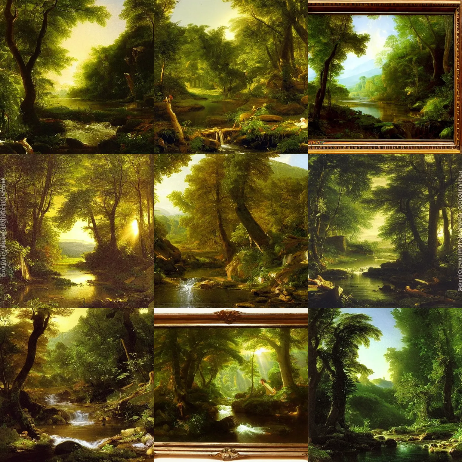 Prompt: there is a stream flowing through a peaceful forest. the sun shines through the trees, dappling the ground with light. the stream babbles gently. an oil painting by thomas cole