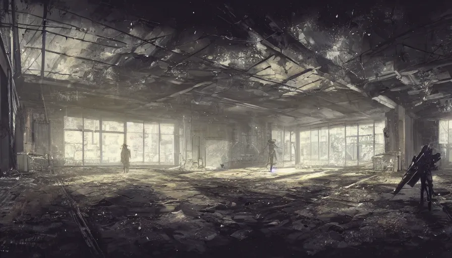 Image similar to fps view with rifle of an abandoned warehouse with cobwebs, light through broken windows, hyperdetailed, artstation, cgsociety, 8 k