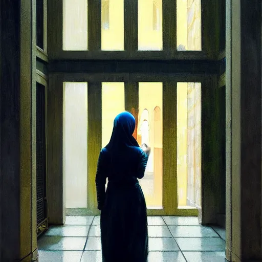 Image similar to action moment, detailed portrait of a woman, courtyard, capital, cyberpunk mosque interior, control panel, watcher, omniscient, tech noir, wet reflections, impressionism, atmospheric, ambient, speed painting, livia prima, edward hopper