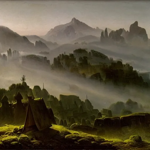 Image similar to village above the clouds, sharp pointy mountains, wooden platforms, tents, colors, misty clouds, sun at dawn, brutalism, painting by caspar david friedrich