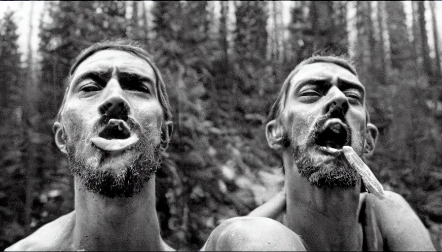 Image similar to 1 9 6 0 s movie still close up of skinny marcus aurelius with open mouth frozen to death in a river with gravel, pine forests, cinestill 8 0 0 t 3 5 mm b & w, high quality, heavy grain, high detail, texture, dramatic light, anamorphic, hyperrealistic, foggy