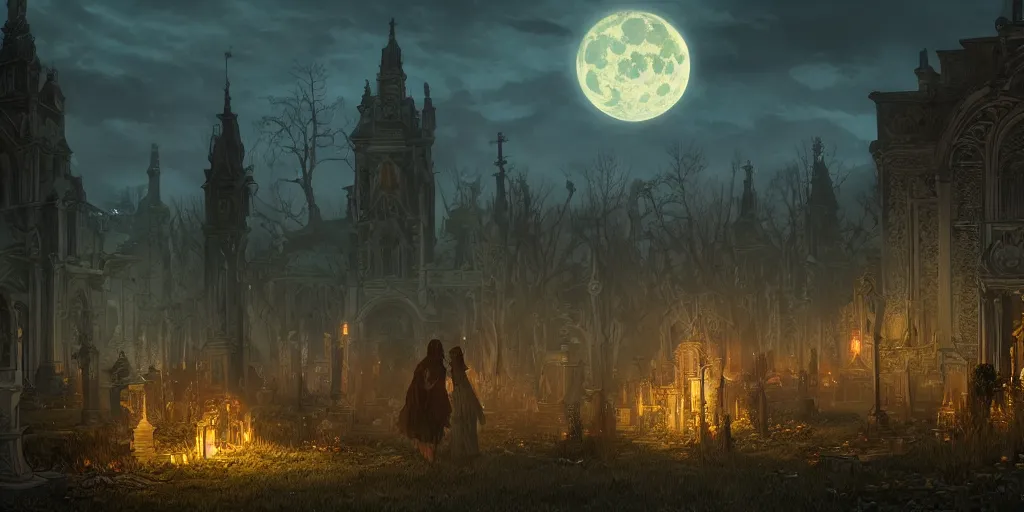 Image similar to an ultra detailed animation of a graveyard at midnight on halloween, digital art, dark fantasy, concept art, soulslike, by alphonse mucha, blood moon eclipse, ruined building in the background, artstation, 8 k, unreal engine render