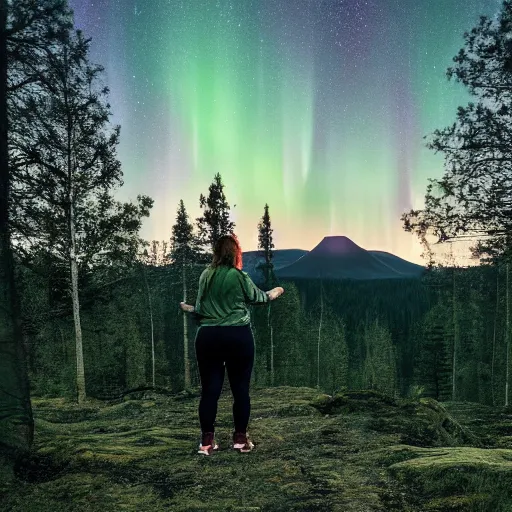 Prompt: a woman standing to the right in frame with a rimlight, in a forest clearing on a small hill, looking towards a big glowing green hollywood sign that sits on top of a hill in the distant background, swedish northern forest, aurora borealis, backlit, hasselblad, 4 k, cinematic