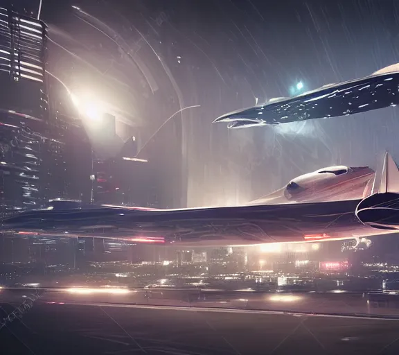 Prompt: massive futuristic sci fi jet lands at runway of cyberpunk city, night photo ,dark cinematic lighting , digital concept art