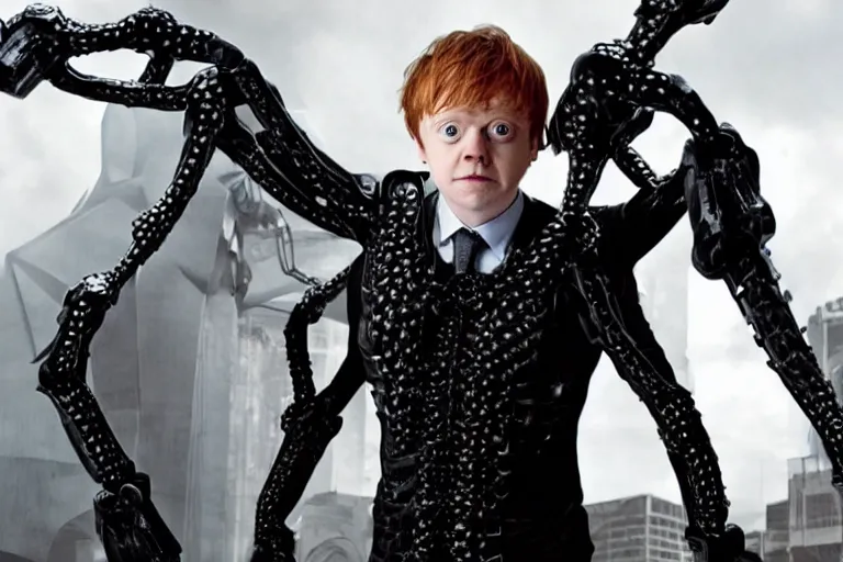 Image similar to Rupert Grint as Doctor Octopus, Long metal clawed arms from his back, intimidating stance