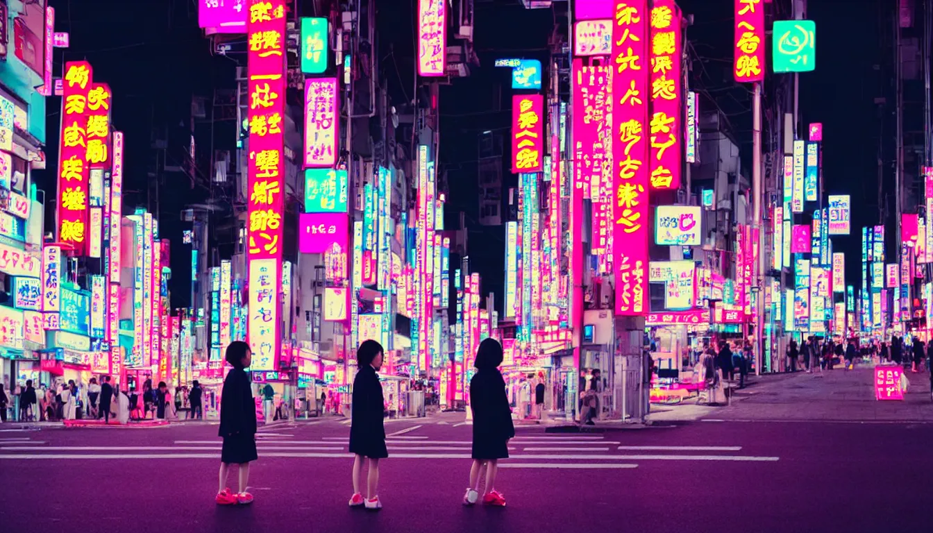 Image similar to 90s neon movie still. japanese city at night. ((One Girl)) stands in the middle of a crosswalk wearing a kimono. She is looking up at an advertisement. hyperrealistic, high definition, medium format photography, highly detailed, technicolor, anamorphic 50mm lens